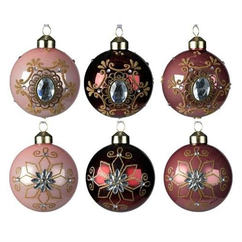 PALLINA DI NATALE ROSA/BORDEAUX/CIPRIA CON DECORI 8CM