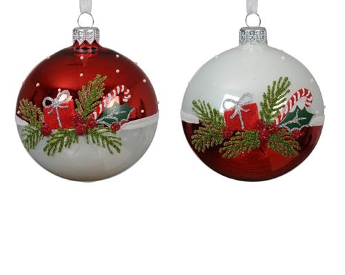 PALLINA DI NATALE VETRO ROSSO BIANCA DECORO RAMETTI REGALI 8CM