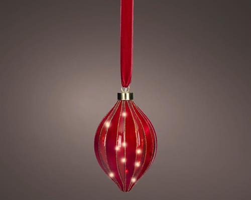 PALLINA DI NATALE FORMA OLIVA VETRO DECO ROSSA 15 LED BIANCO CAL