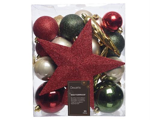 SET PALLINE DI NATALE CON PUNTALE STELLA ROSSO/ORO/VERDE 33 PZ