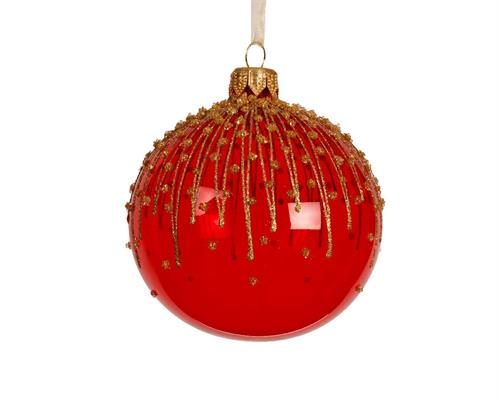 PALLINA DI NATALE IN VETRO ROSSA TRASPARENTE GLITTER ORO 8CM