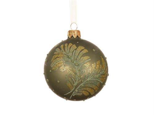 PALLINA IN VETRO VERDE ROSMARINO DECORO FOGLIE ORO GLITTER 8 CM