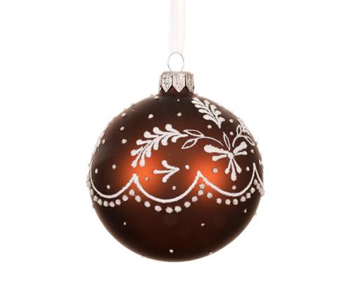 PALLINA VETRO ESPRESSO OPACO FOGLIE BIANCHE FIOCCHI DI NEVE 8CM