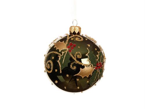 PALLINA DI NATALE VETRO VERDE PINO DECORO AGRIGOFLIO BACCHE 8 CM