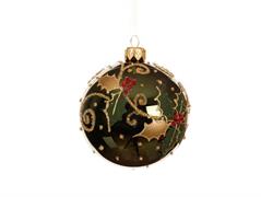 PALLINA DI NATALE VETRO VERDE PINO DECORO AGRIGOFLIO BACCHE 8 CM