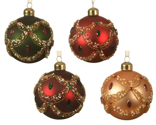 PALLINA DI NATALE IN VETRO OPACO CON GLITTER E PERLINE 8 CM ASS