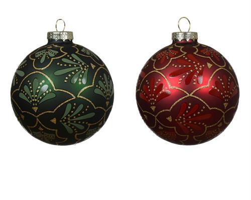 PALLINA  IN VETRO ROSSA VERDE DECORO FLOREALE GLITTER ORO 8 CM 1