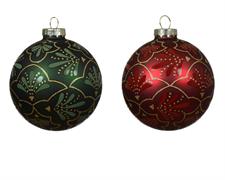 PALLINA  IN VETRO ROSSA VERDE DECORO FLOREALE GLITTER ORO 8 CM 1