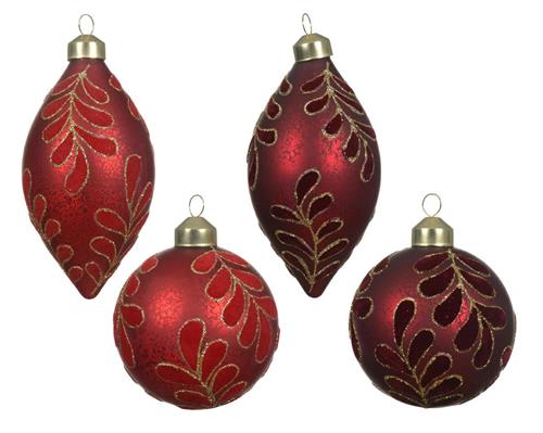 PALLINA IN VETRO ROSSA/BORDEAUX DECORO FOGLIE 8 CM 1 PZ ASS.