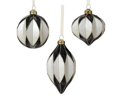 PALLINA IN VETRO  DECORO ROMBI BIANCO NERO GLITTER 8 CM 1 PZ ASS