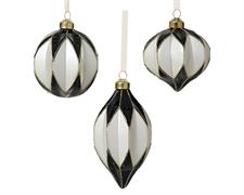 PALLINA IN VETRO  DECORO ROMBI BIANCO NERO GLITTER 8 CM 1 PZ ASS