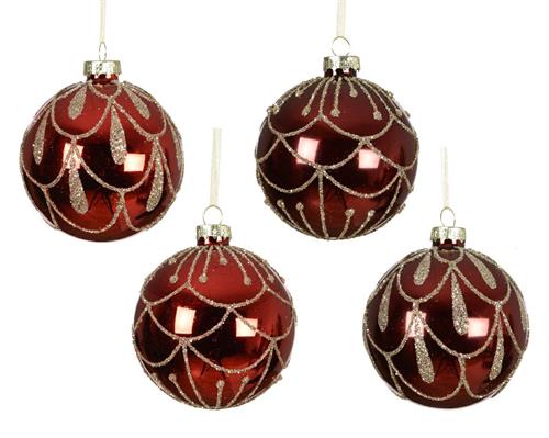PALLINA DI NATALE IN VETRO ROSSO / BORDEAUX GLITTER ARGENTO 8CM