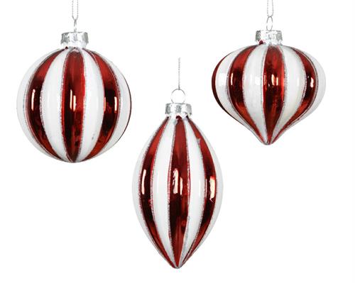 PALLINA VETRO BIANCA ROSSA A STRISCE GLITTER ARGENTO 8 CM 1 PZ