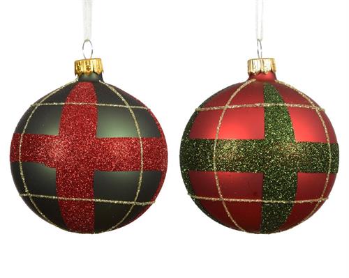 PALLINA DI NATALE IN VETRO A QUADRI GLITTER ROSSA VERDE 8CM 1PZ