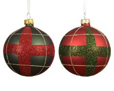 PALLINA DI NATALE IN VETRO A QUADRI GLITTER ROSSA VERDE 8CM 1PZ