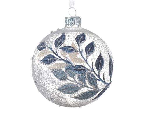 PALLINA DI NATALE VETRO TRASPARENTE RAMI FOGLIE BLU GLITTER 8CM