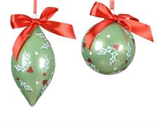 PALLINA IN VETRO VERDE CON FIOCCO ROSSO AGRIFOGLIO BACCHE 8 CM 1