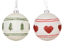 PALLINA VETRO BIANCA DECORO ALBERI VERDI / CUORI ROSSI 8 CM 1 PZ