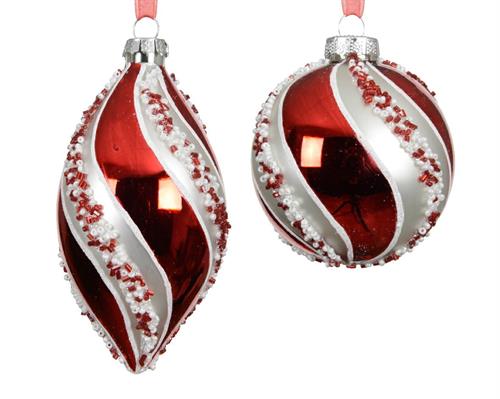 PALLINA IN VETRO BIANCA ROSSA A STRISCE CON PERLINE 8 CM 1 PZ AS