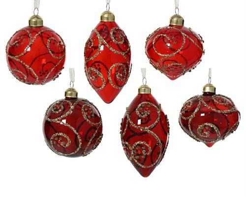 PALLINA IN VETRO TRASPARENTE ROSSA DECORO VORTICI GLITTER 8 CM 1