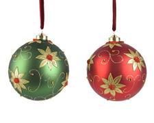 PALLINA VETRO OPACA ROSSA VERDE DEC. FIORI GLITTER 12CM 1PZ
