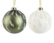 PALLINA VETRO OPACA VERDE BIANCA RAMI GLITTER ARGENTO 15CM 1PZ