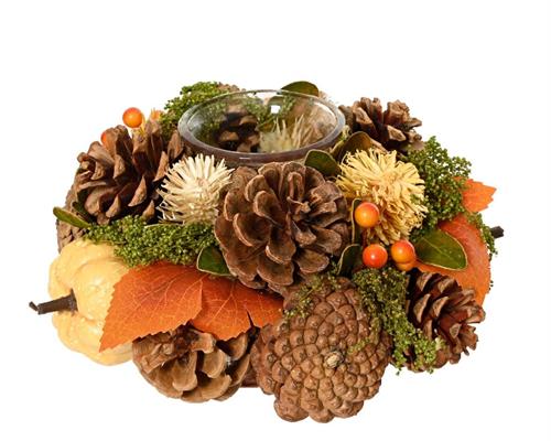 PORTACANDELA CON PIGNE ZUCCHE E BACCHE ARANCIONI 19XH.9 CM