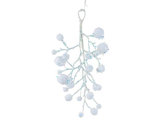 PENDENTE RAMETTO BIANCO IRIDISCENTE CON PALLINE BIANCHE H.30X20X