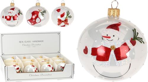 PALLINA DI NATALE IN VETRO BIANCA CON DECORO 8 CM ASSORTITA