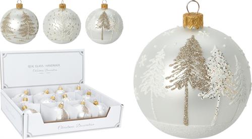 PALLINA DI NATALE VETRO BIANCA DECORO ALBERI 10 CM ASSORTITA