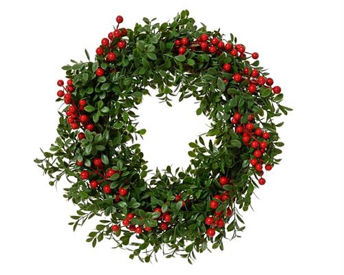 GHIRLANDA FUORIPORTA VERDE CON BACCHE ROSSE D.45XH.12 CM