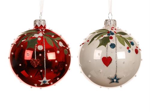 PALLINA DI NATALE ROSSA/BIANCA DECORO AGRIfOGLIO BACCHE  8 CM