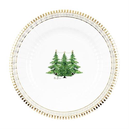 PIATTI NATALIZI DECORO ALBERI DI NATALE BORDO ORO 27CM 8PZ