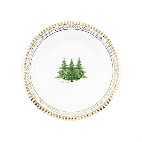 PIATTI NATALIZI DECORO ALBERI DI NATALE BORDO ORO 21CM 8PZ