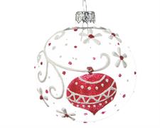PALLINA DI NATALE TRASPARENTE CON DECORI ROSSI 8 CM