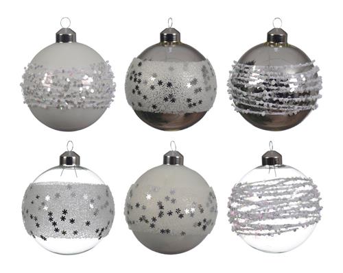PALLINE DI NATALE BIANCHE ARGENTO DECORATE 8 CM 6 ASS.