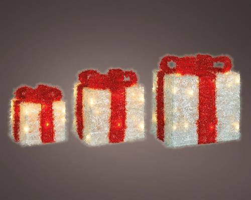 PACCHI REGALO LUMINOSI SET 3 PZ BIANCHI CON FIOCCO ROSSO