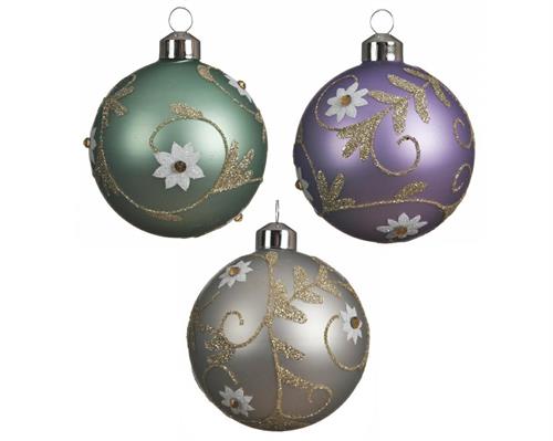 PALLINA DI NATALE 8CM VERDE/CHAMPAGNE/LILLA CON DECORO