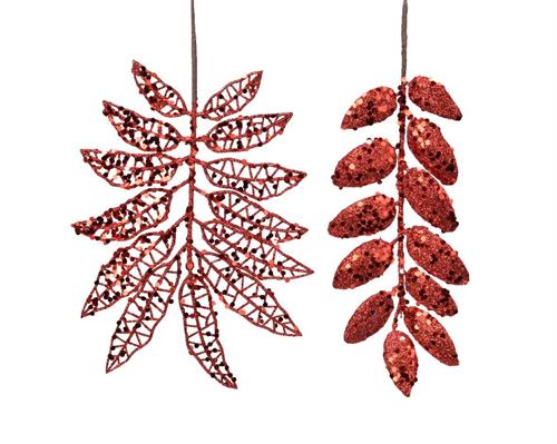 RAMETTO CON FOGLIE GLITTERATE E PAILLETTES ROSSO 20 CM