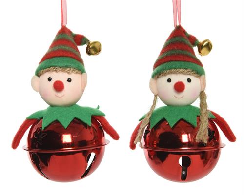 ELFO IN POLIESTERE DA APPENDERE CON CAMPANA IN FERO ROSSA 11 CM