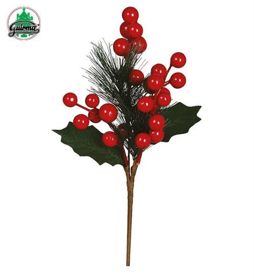 PICK CON BACCHE ROSSE E FOGLIE DI PINO 25CM