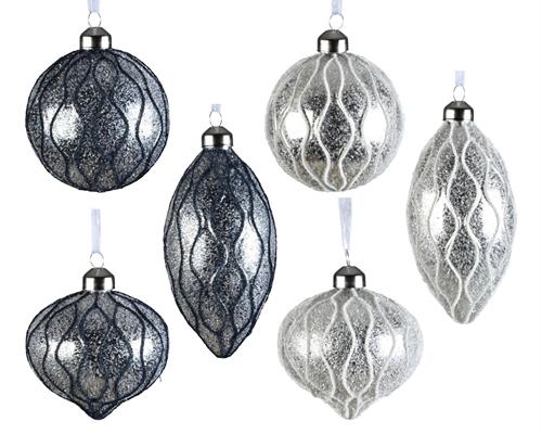 PALLINA DI NATALE IN VETRO ARGENTO CON GLITTER BLU 8 CM