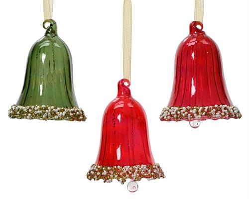 CAMPANA IN VETRO LUCIDO ROSSO/VERDE CON PERLINE E GLITTER 6,7 CM