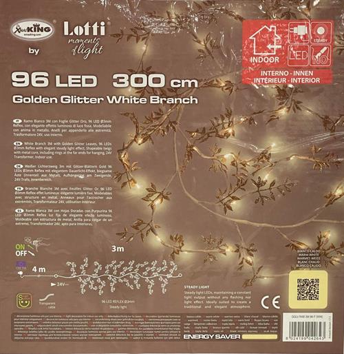 RAMO BIANCO 3M FOGLIE GLITTER ORO 96 LED CLASSIC 3MM LUCE FISSA